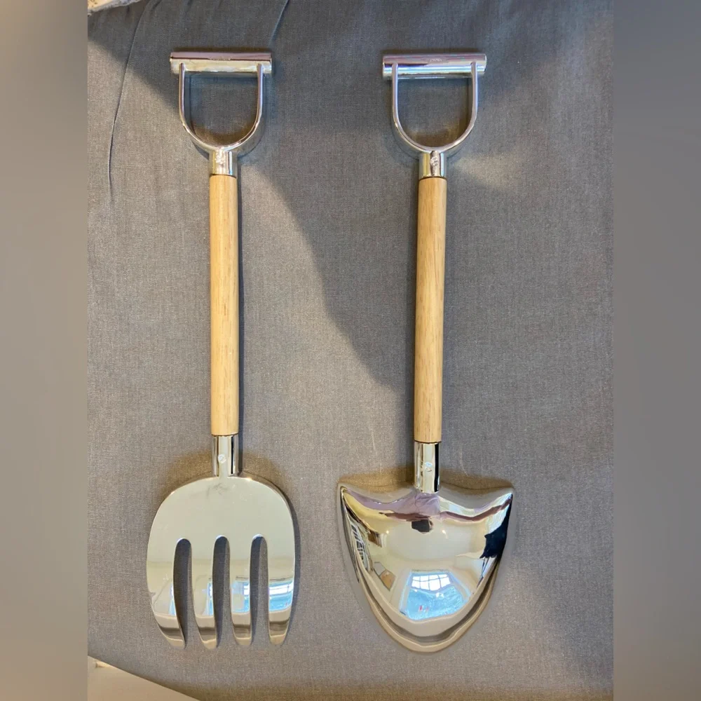 Godinger Salad Serving Set in Light Wood and Silver playful design shovel & Rake